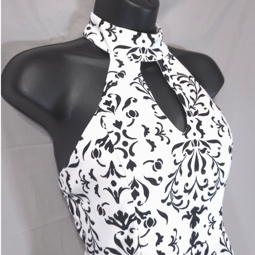 Damask Halter Keyhole Fit Flare Mini Dress Sz 5 Whimsigoth Coquette Black White - Picture 5 of 13